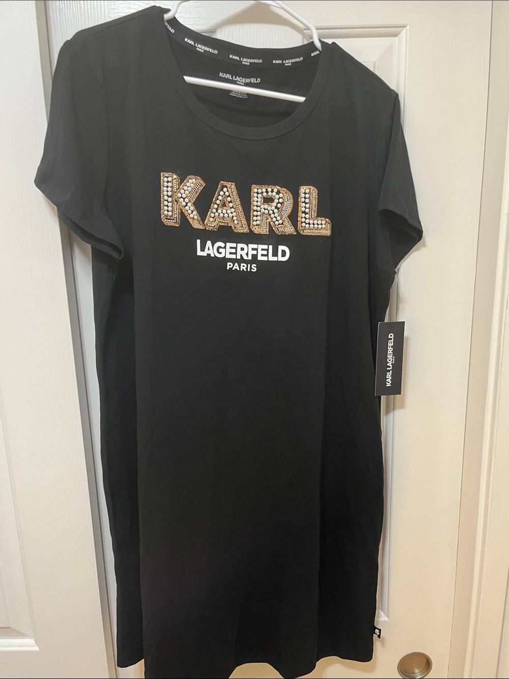 Karl Lagerfeld Black Tee Dress with Gold and White Logo Embellishment